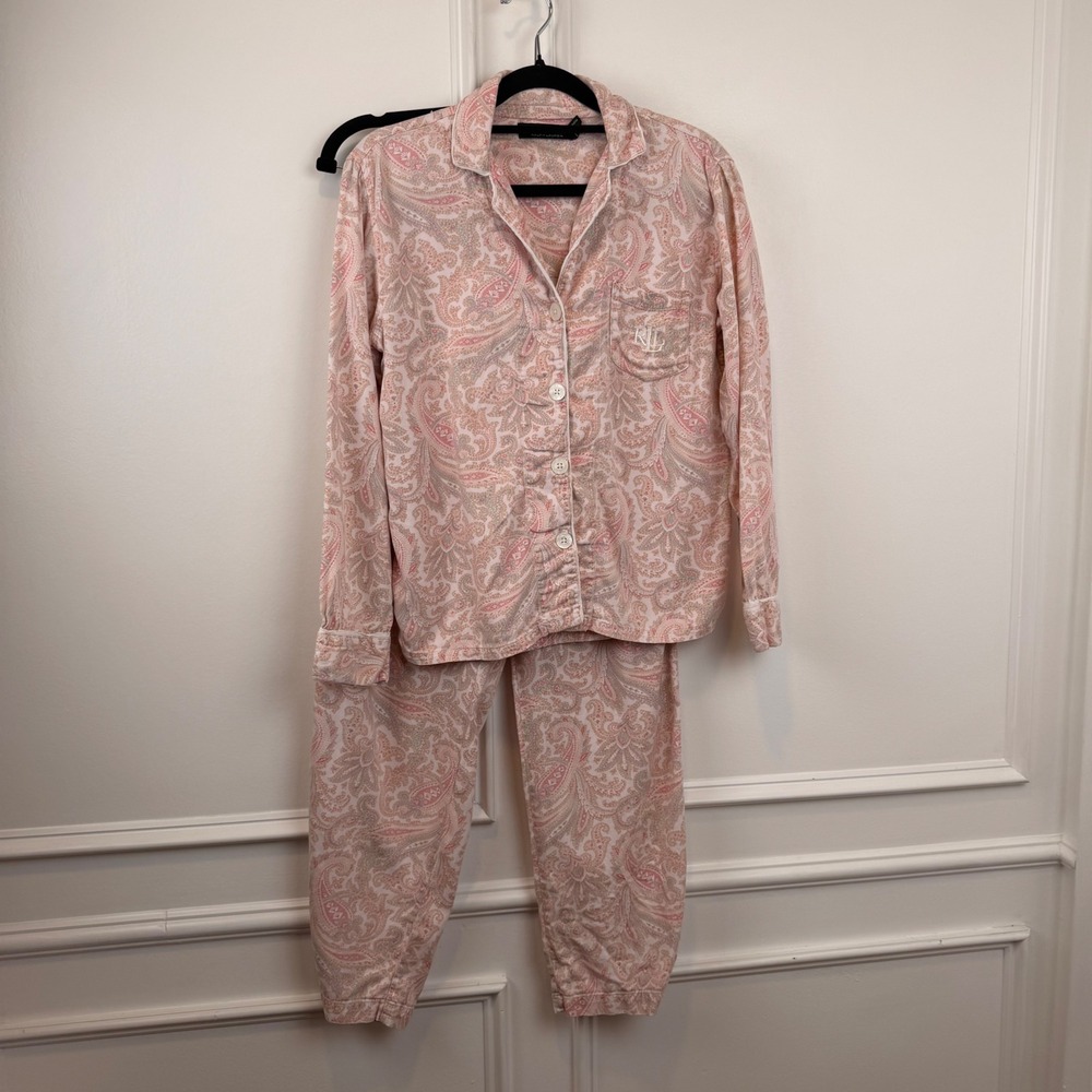 Lauren Ralph Lauren Womens Pink Paisley Pajama Set Long Sleeve Button Up XS